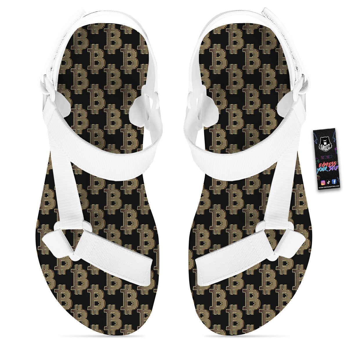 Symbol Bitcoin Print Pattern White Open Toe Sandals-grizzshop