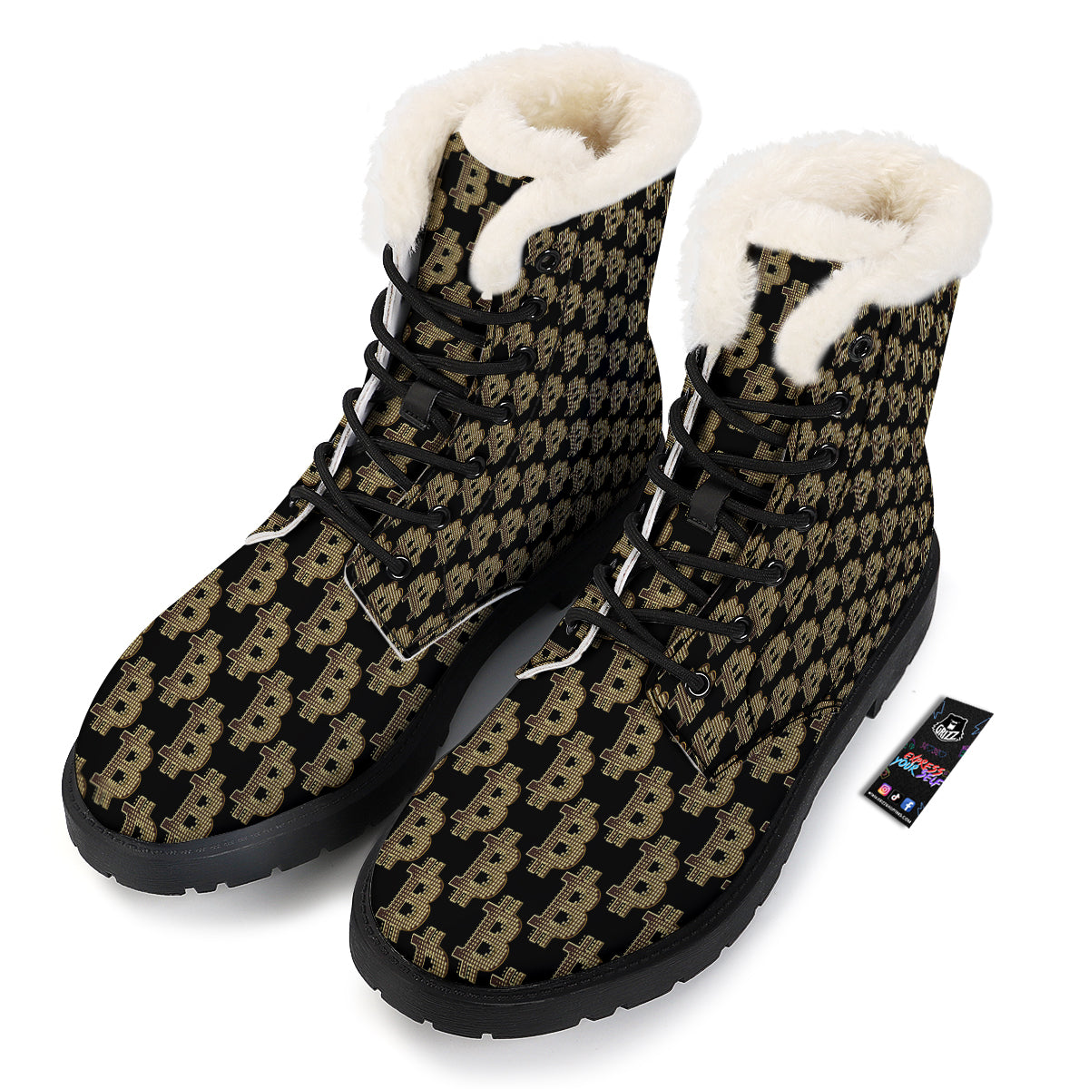 Symbol Bitcoin Print Pattern Winter Boots-grizzshop