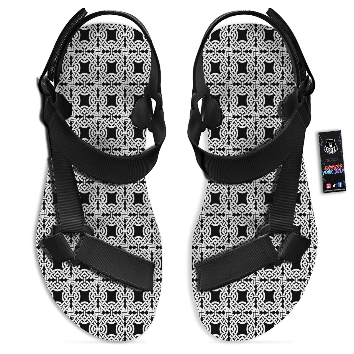 Symbol Black Celtic Print Pattern Black Open Toe Sandals-grizzshop