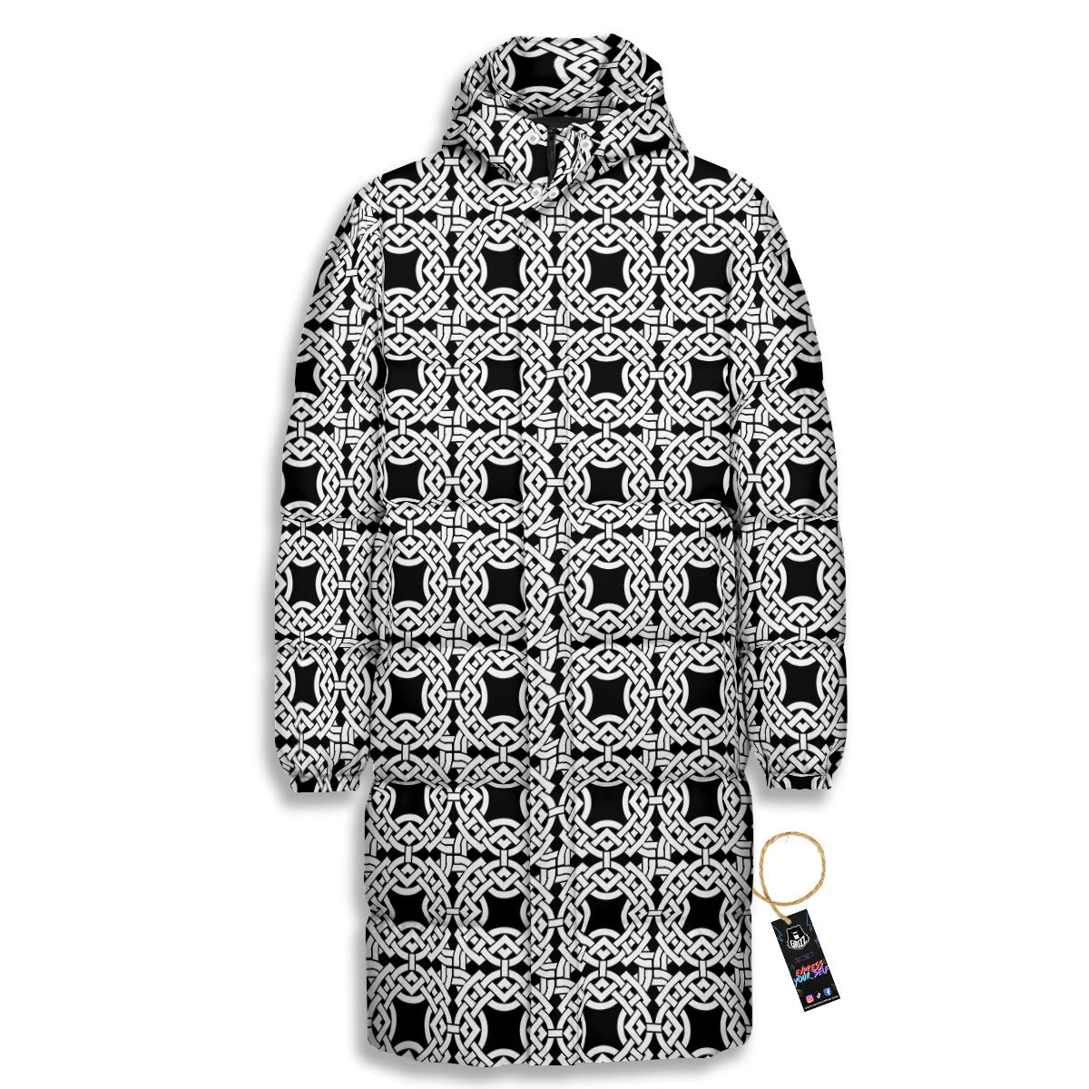 Symbol Black Celtic Print Pattern Long Down Jacket-grizzshop
