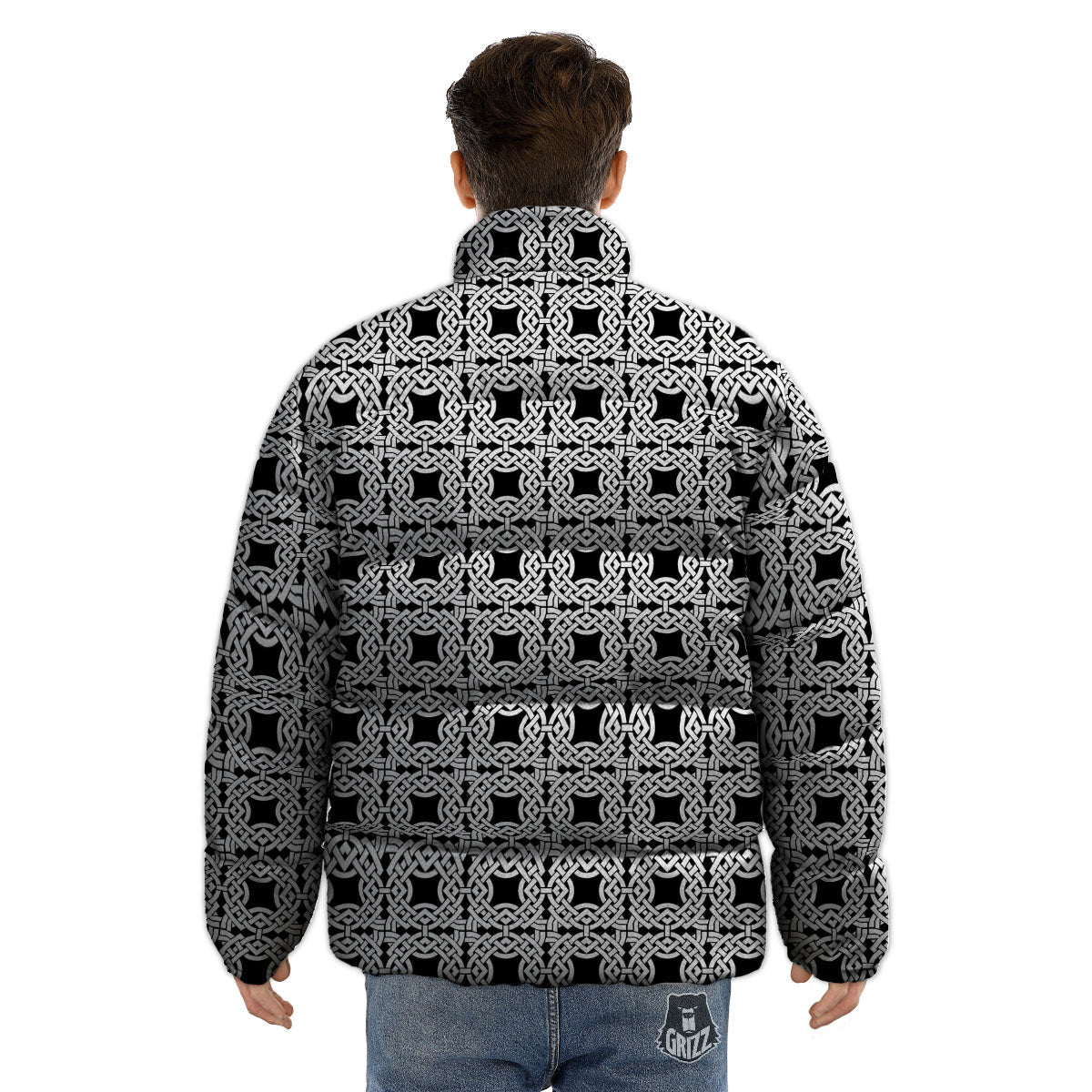 Symbol Black Celtic Print Pattern Puffer Jacket-grizzshop