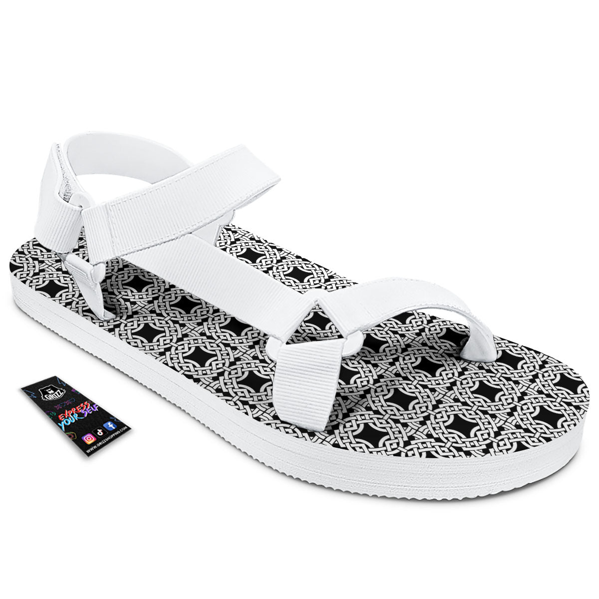 Symbol Black Celtic Print Pattern White Open Toe Sandals-grizzshop