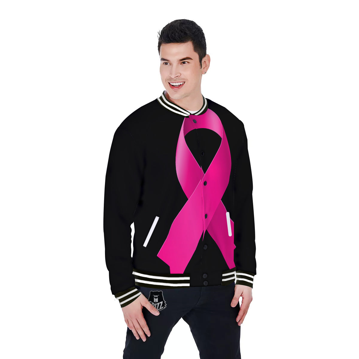 Symbol Breast Cancer Awareness Print Baseball Jacket-grizzshop