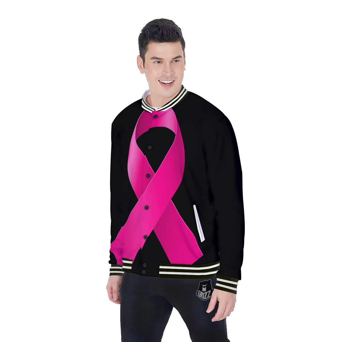 Symbol Breast Cancer Awareness Print Baseball Jacket-grizzshop