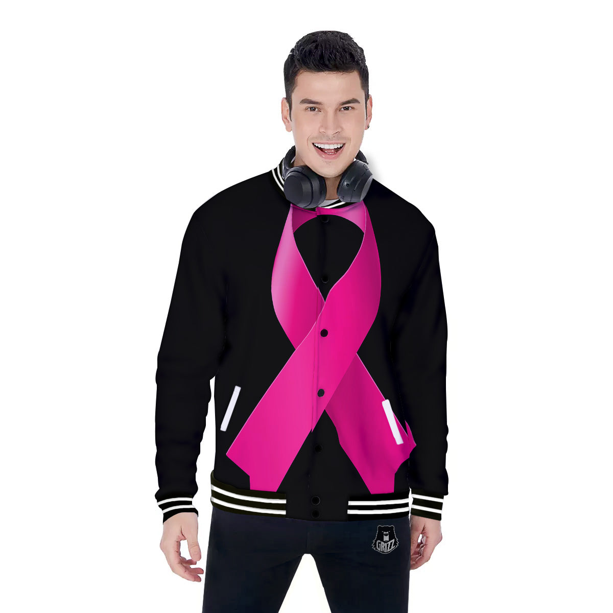 Symbol Breast Cancer Awareness Print Baseball Jacket-grizzshop