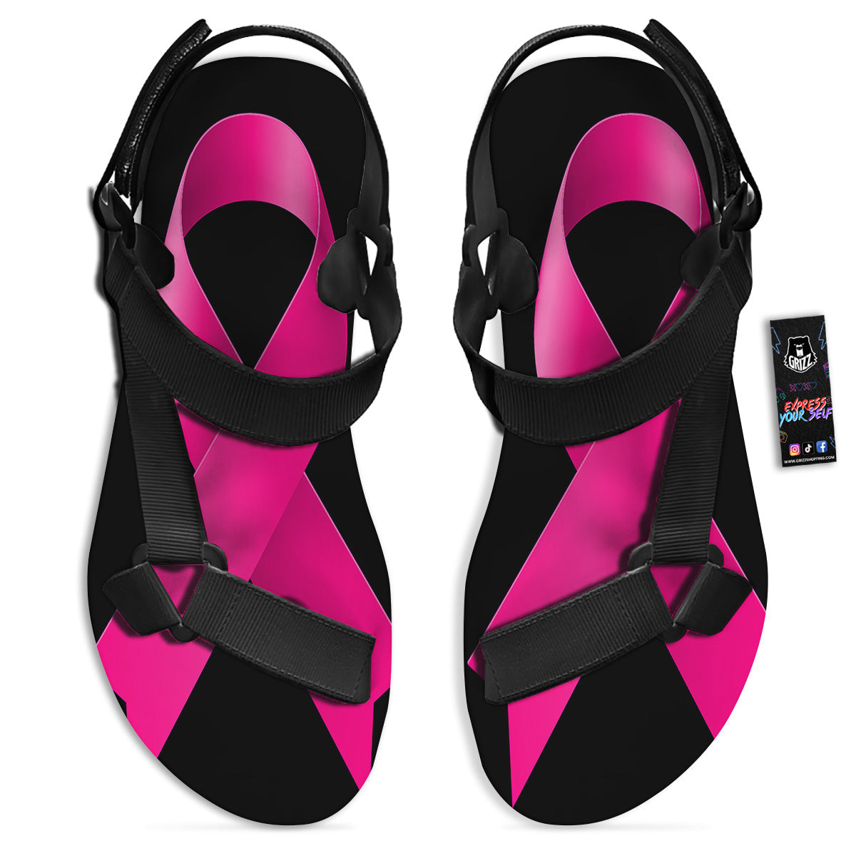 Symbol Breast Cancer Awareness Print Black Open Toe Sandals-grizzshop