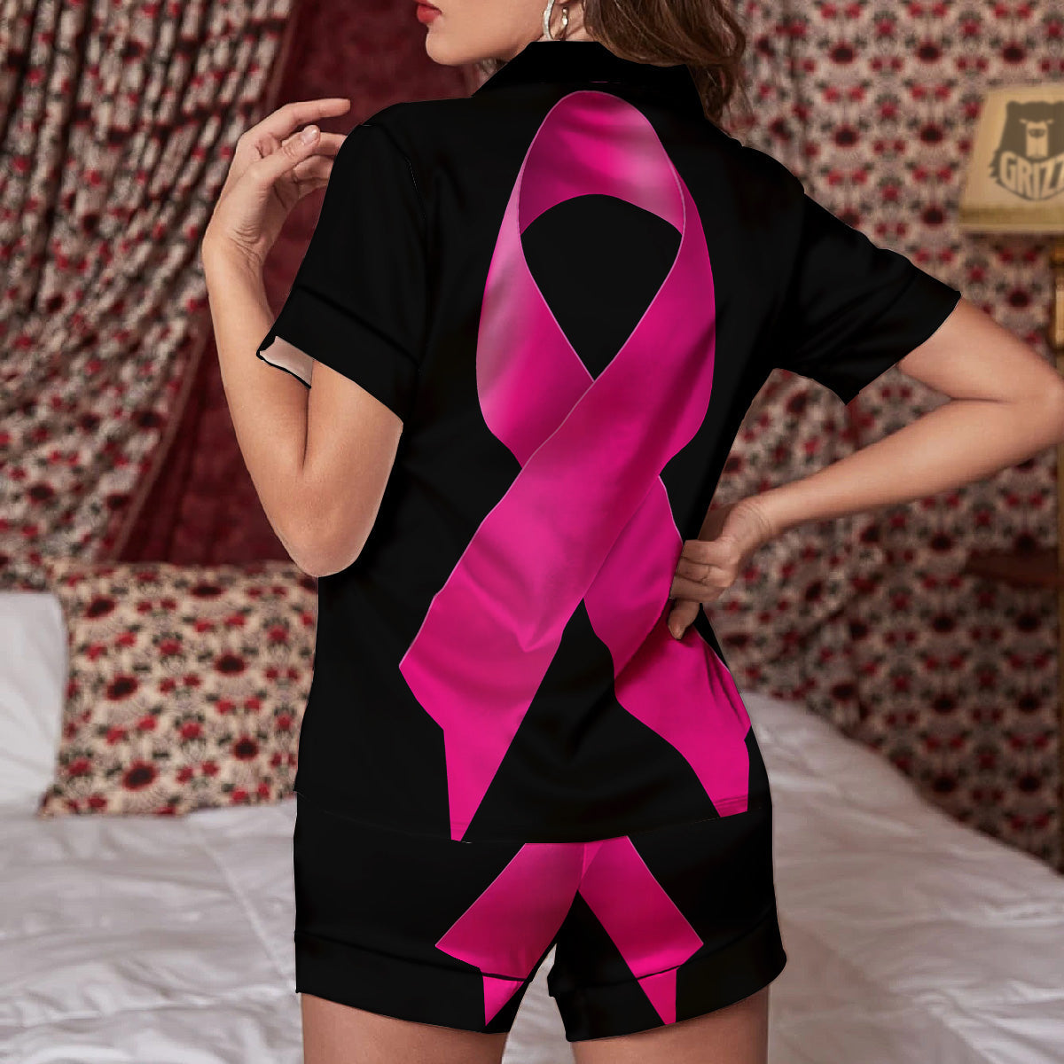 Symbol Breast Cancer Awareness Print Women Silk Pajamas-grizzshop