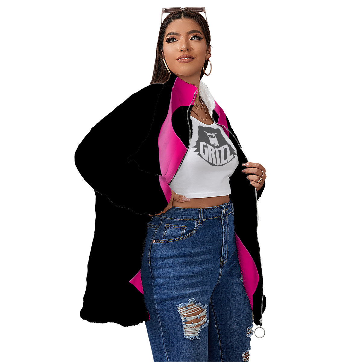 Symbol Breast Cancer Awareness Print Women's Sherpa Jacket-grizzshop