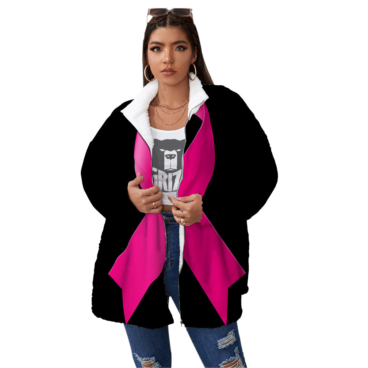 Symbol Breast Cancer Awareness Print Women's Sherpa Jacket-grizzshop
