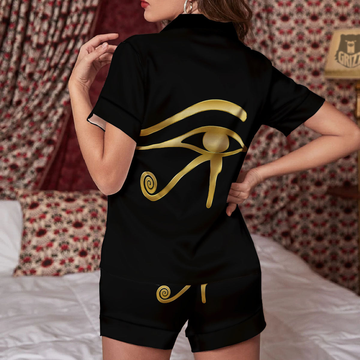 Symbol Eye Of Horus Print Women Silk Pajamas-grizzshop