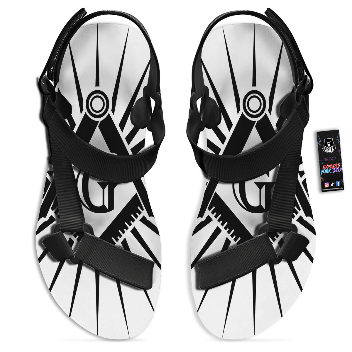 Symbol Freemasonry Print Black Open Toe Sandals-grizzshop