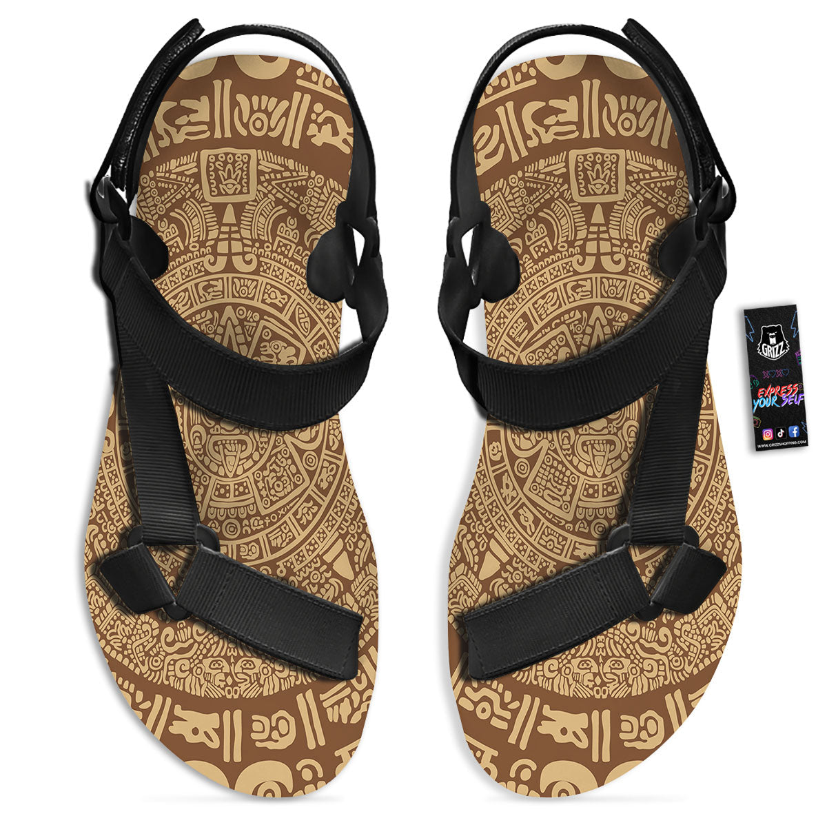 Symbol Mayan Print Black Open Toe Sandals-grizzshop