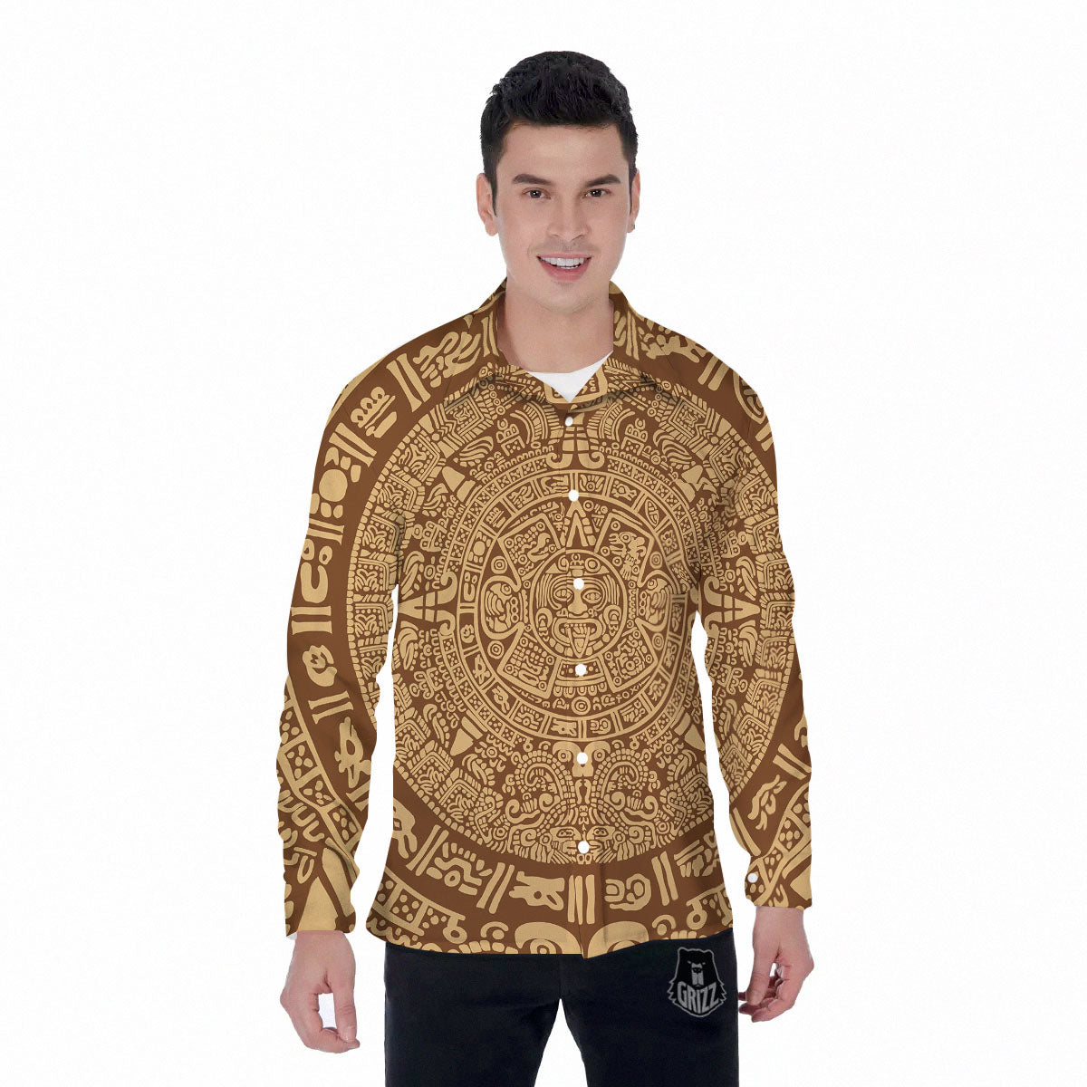 Symbol Mayan Print Men's Long Sleeve Shirts-grizzshop