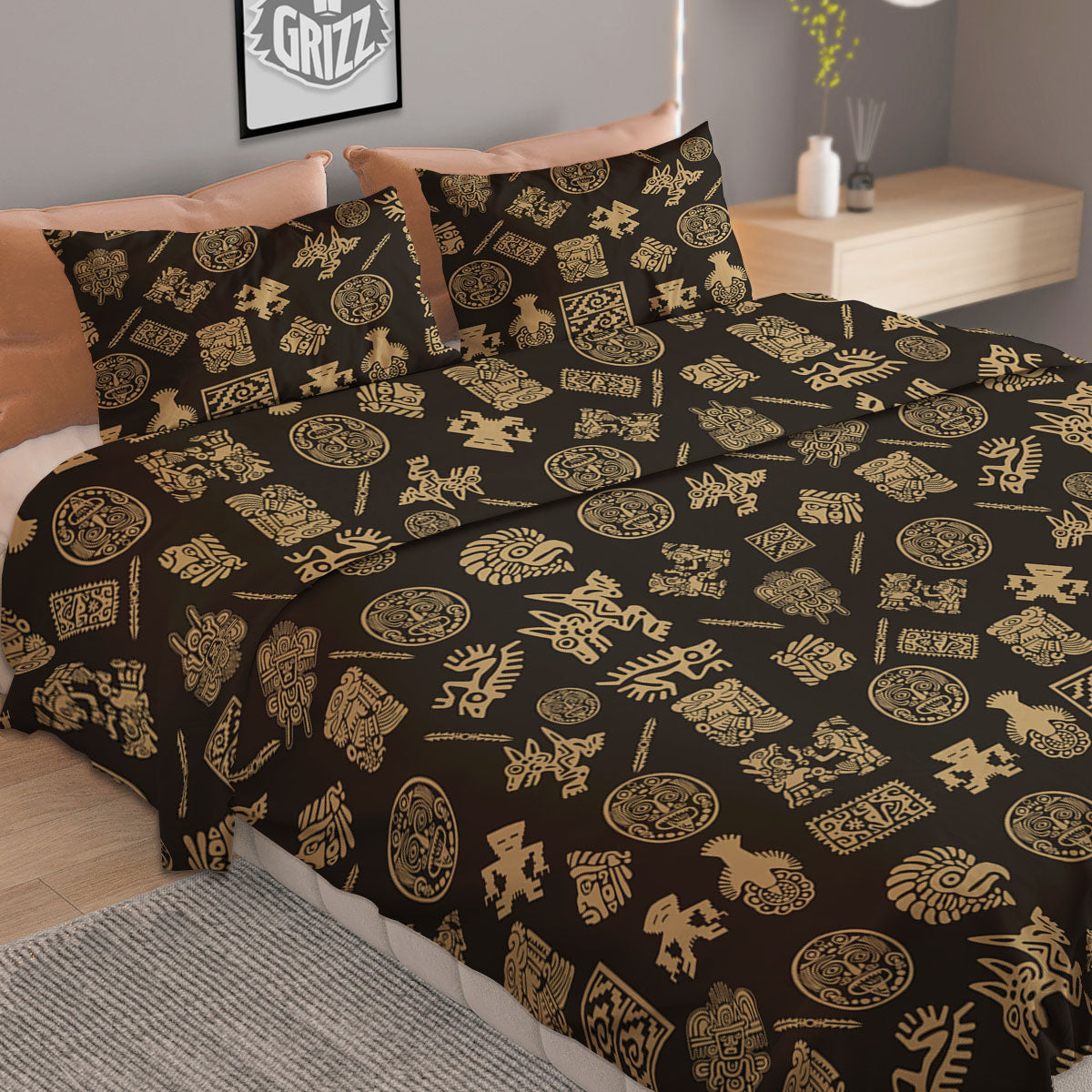 Symbol Mayan Print Pattern Duvet Cover Bedding Set