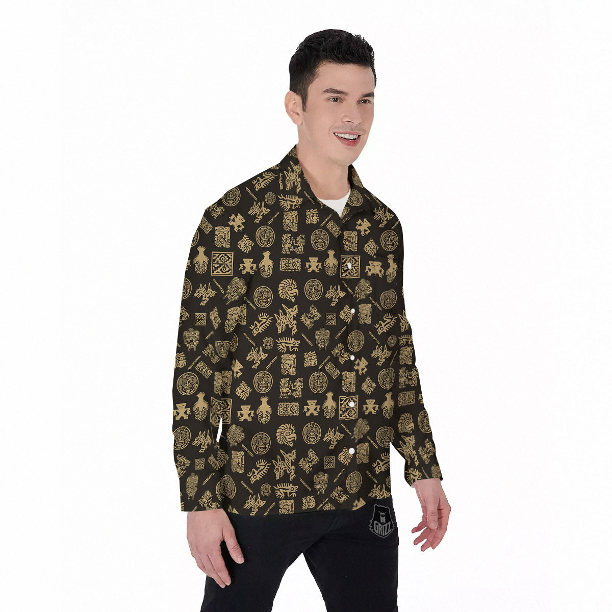 Symbol Mayan Print Pattern Men's Long Sleeve Shirts-grizzshop