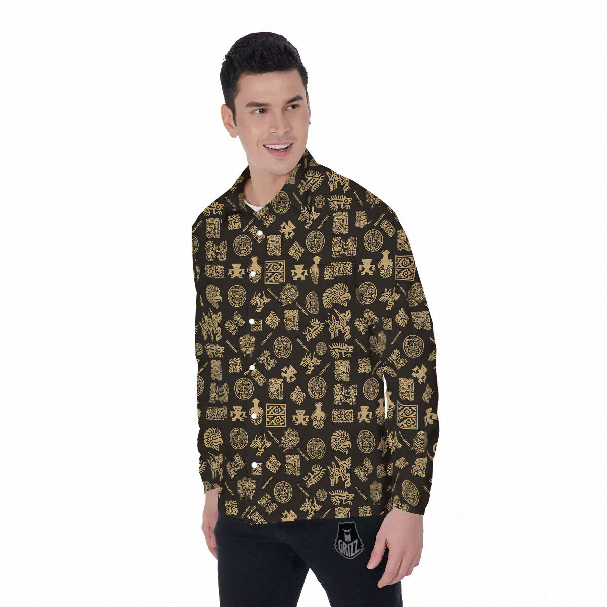 Symbol Mayan Print Pattern Men's Long Sleeve Shirts-grizzshop