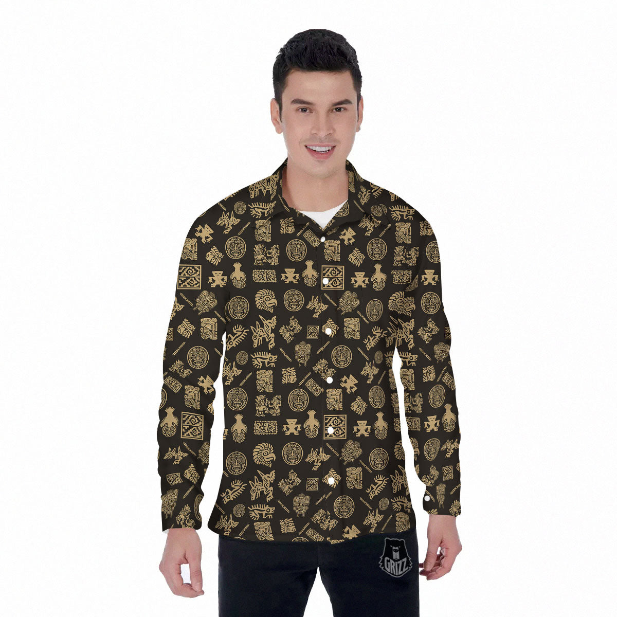 Symbol Mayan Print Pattern Men's Long Sleeve Shirts-grizzshop