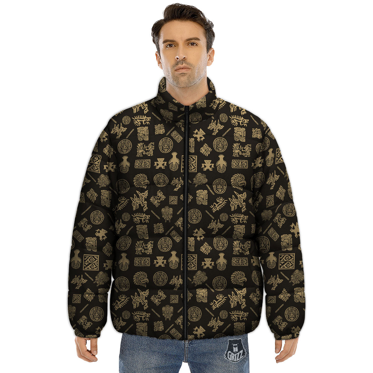 Symbol Mayan Print Pattern Puffer Jacket-grizzshop