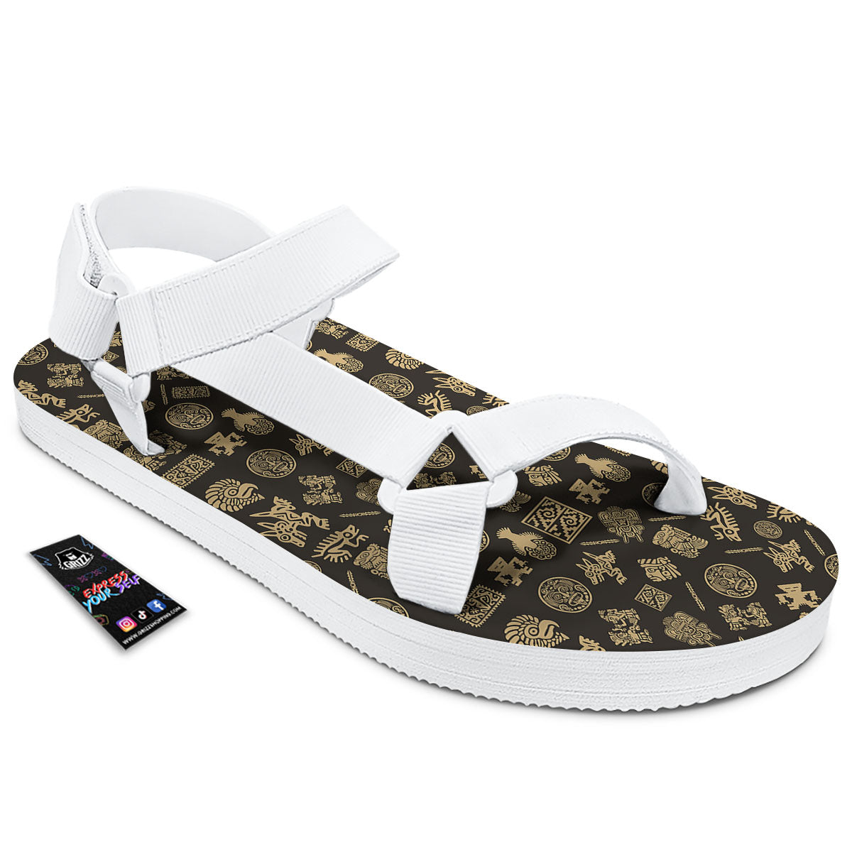 Symbol Mayan Print Pattern White Open Toe Sandals-grizzshop