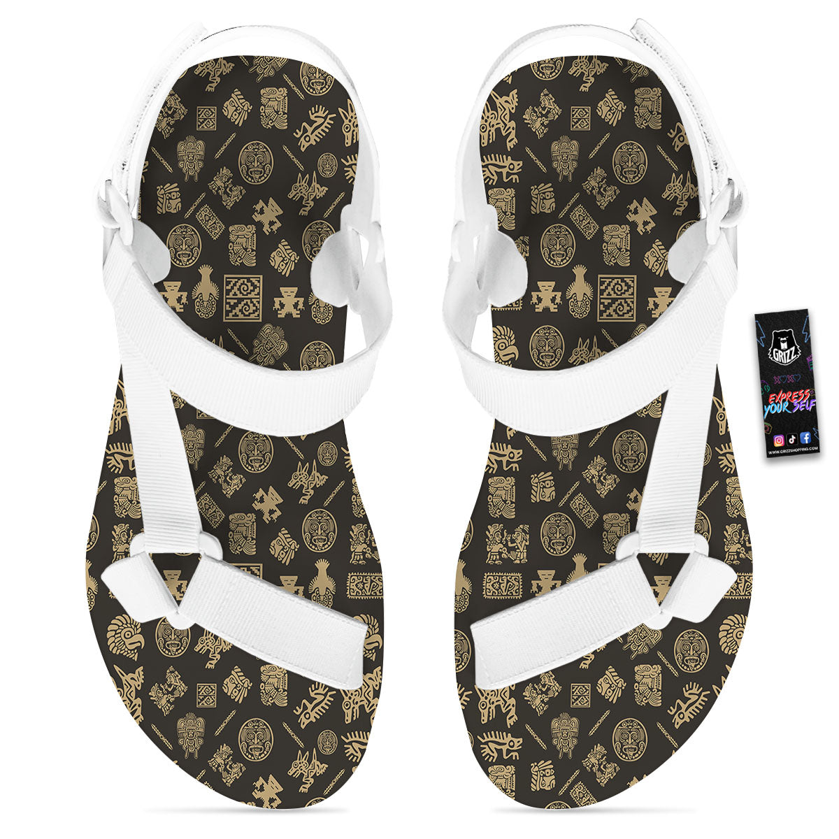 Symbol Mayan Print Pattern White Open Toe Sandals-grizzshop