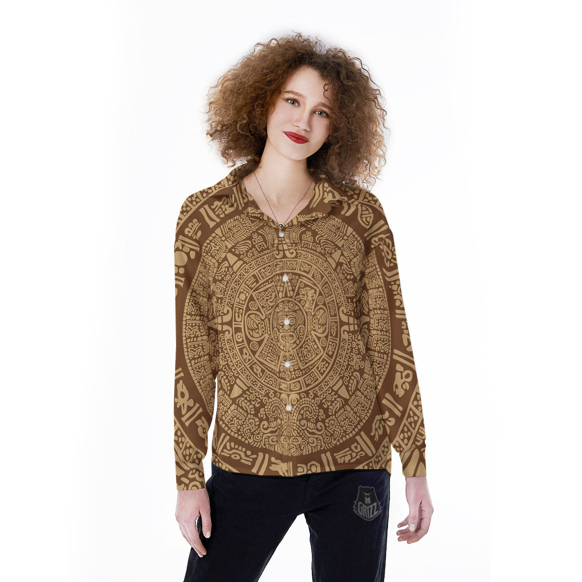 Symbol Mayan Print Women's Long Sleeve Shirts-grizzshop