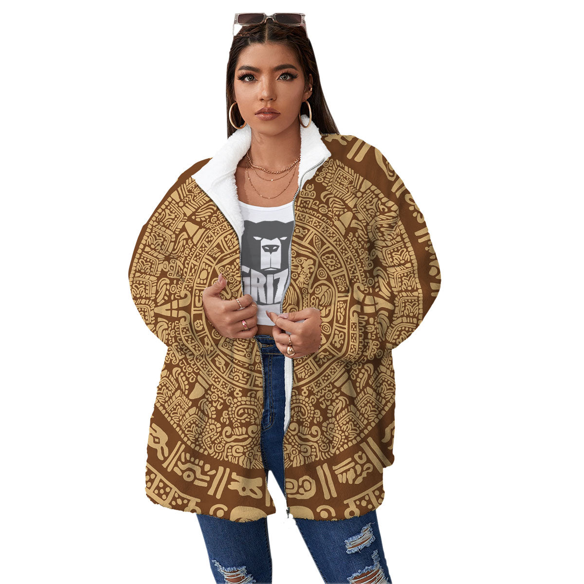 Symbol Mayan Print Women's Sherpa Jacket-grizzshop