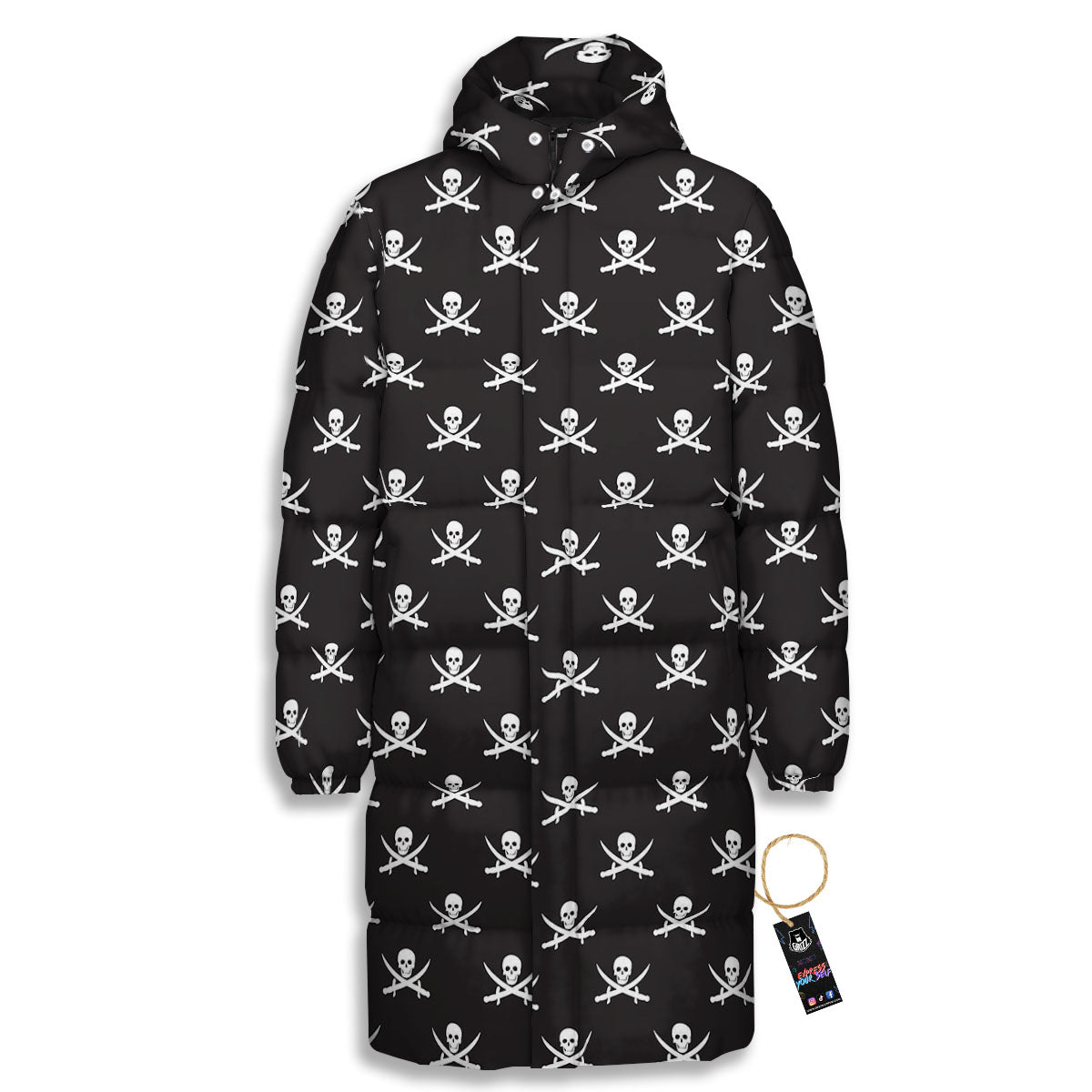 Symbol Pirate Skull Print Pattern Long Down Jacket-grizzshop