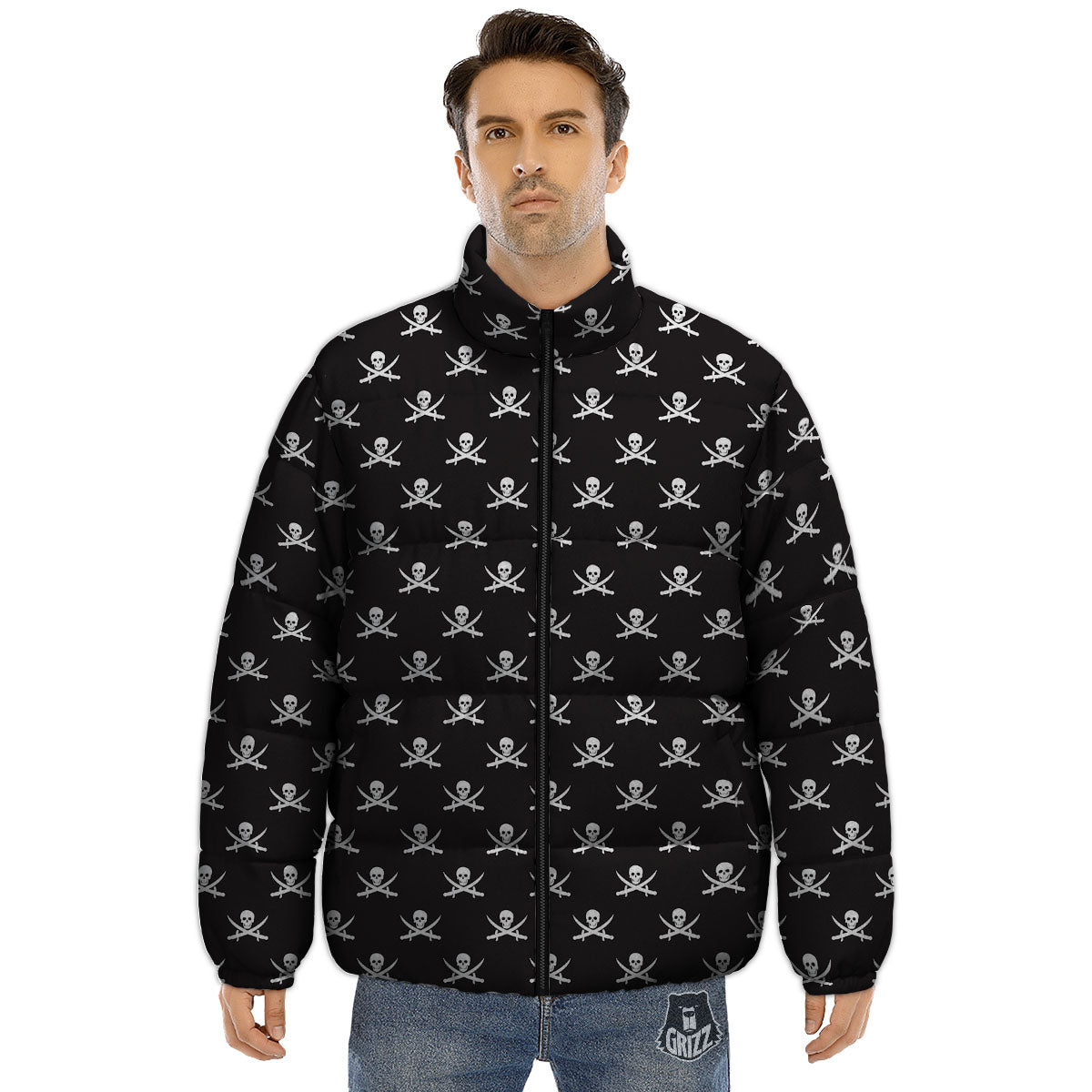 Symbol Pirate Skull Print Pattern Puffer Jacket-grizzshop