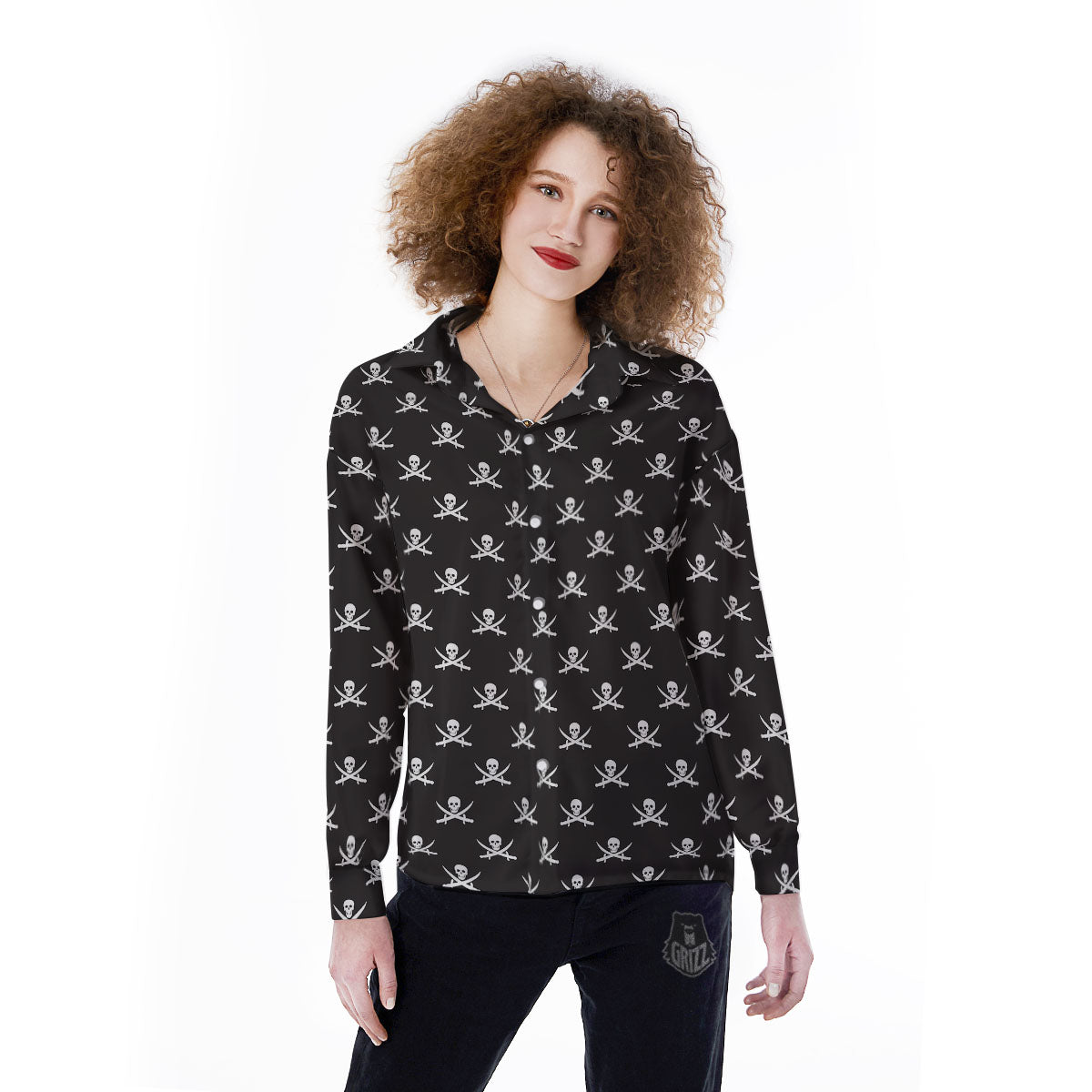 Symbol Pirate Skull Print Pattern Women's Long Sleeve Shirts-grizzshop
