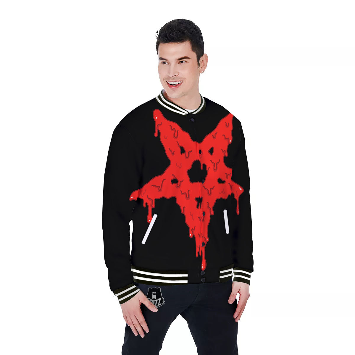 Symbol Red Pentagram Print Baseball Jacket-grizzshop