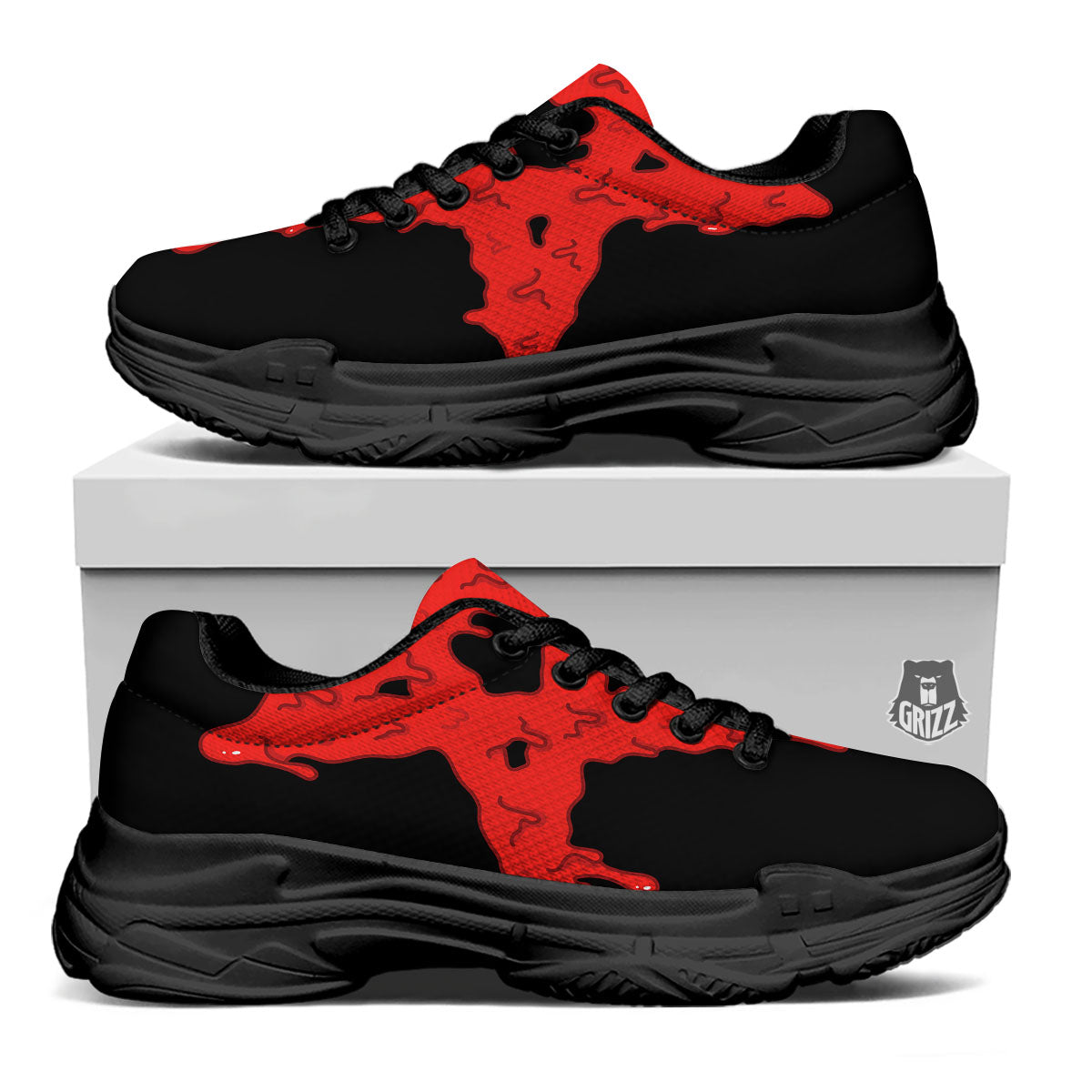 Symbol Red Pentagram Print Black Chunky Shoes-grizzshop