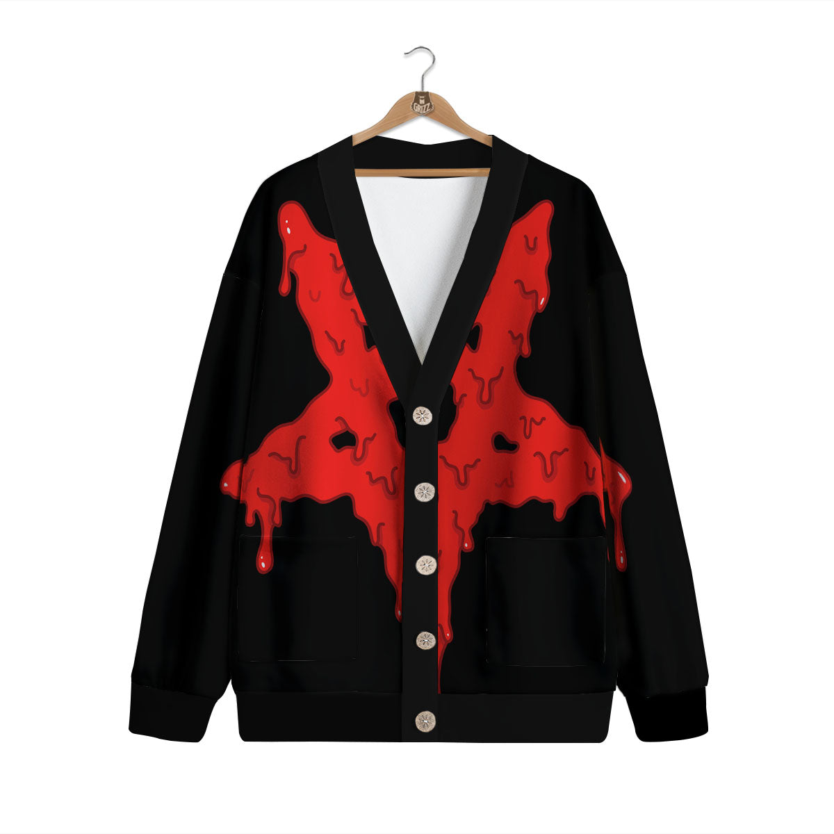 Symbol Red Pentagram Print Cardigan-grizzshop