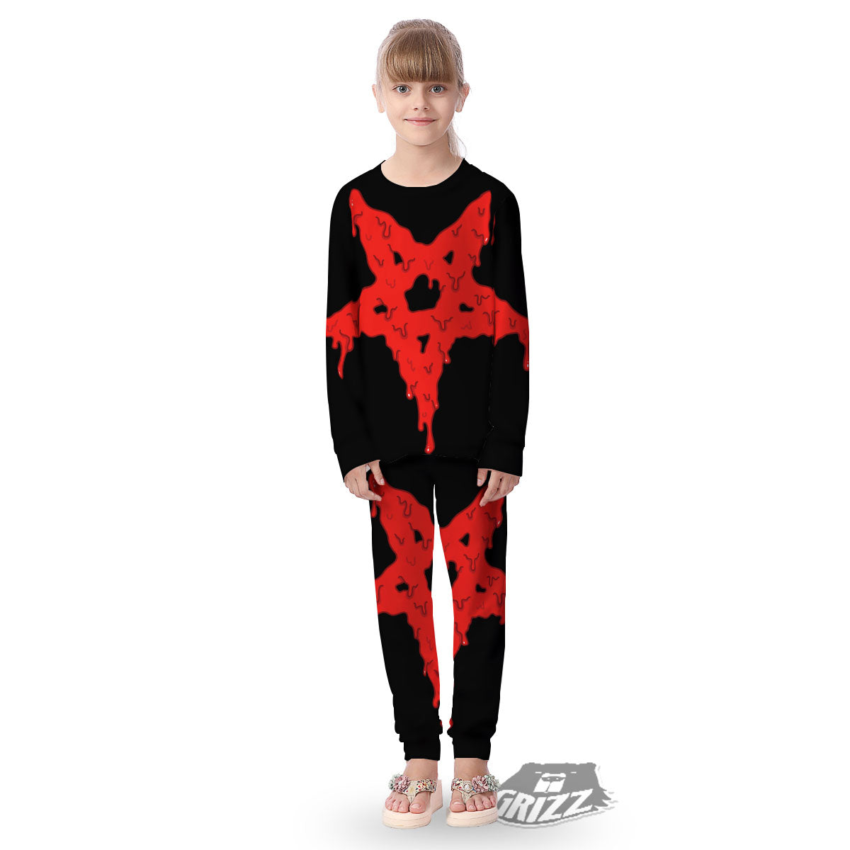 Symbol Red Pentagram Print Kid's Pajamas-grizzshop