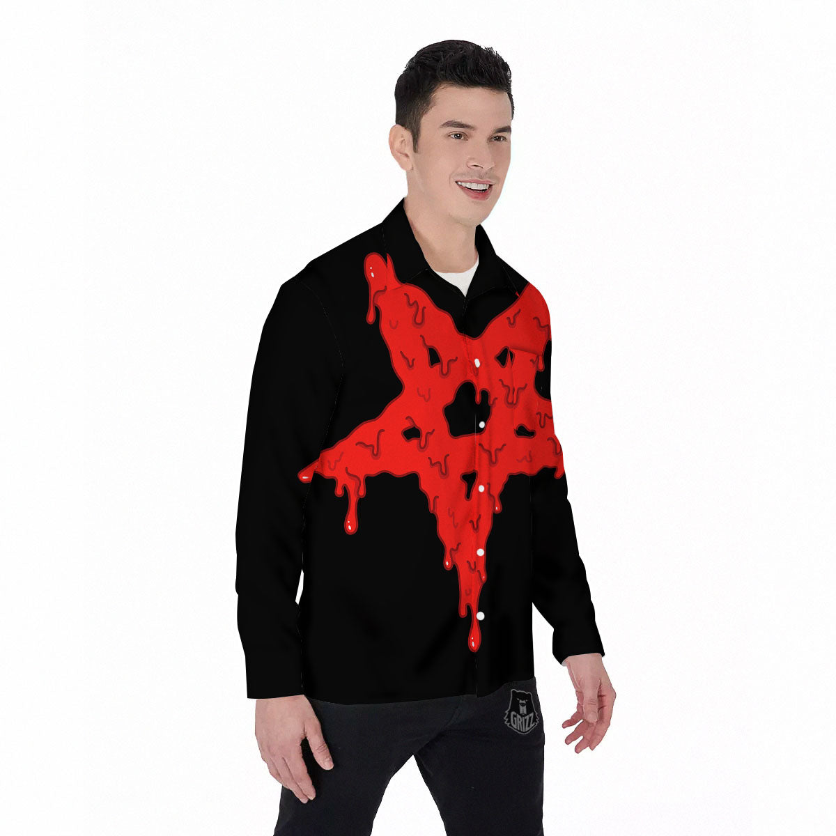 Symbol Red Pentagram Print Men's Long Sleeve Shirts-grizzshop