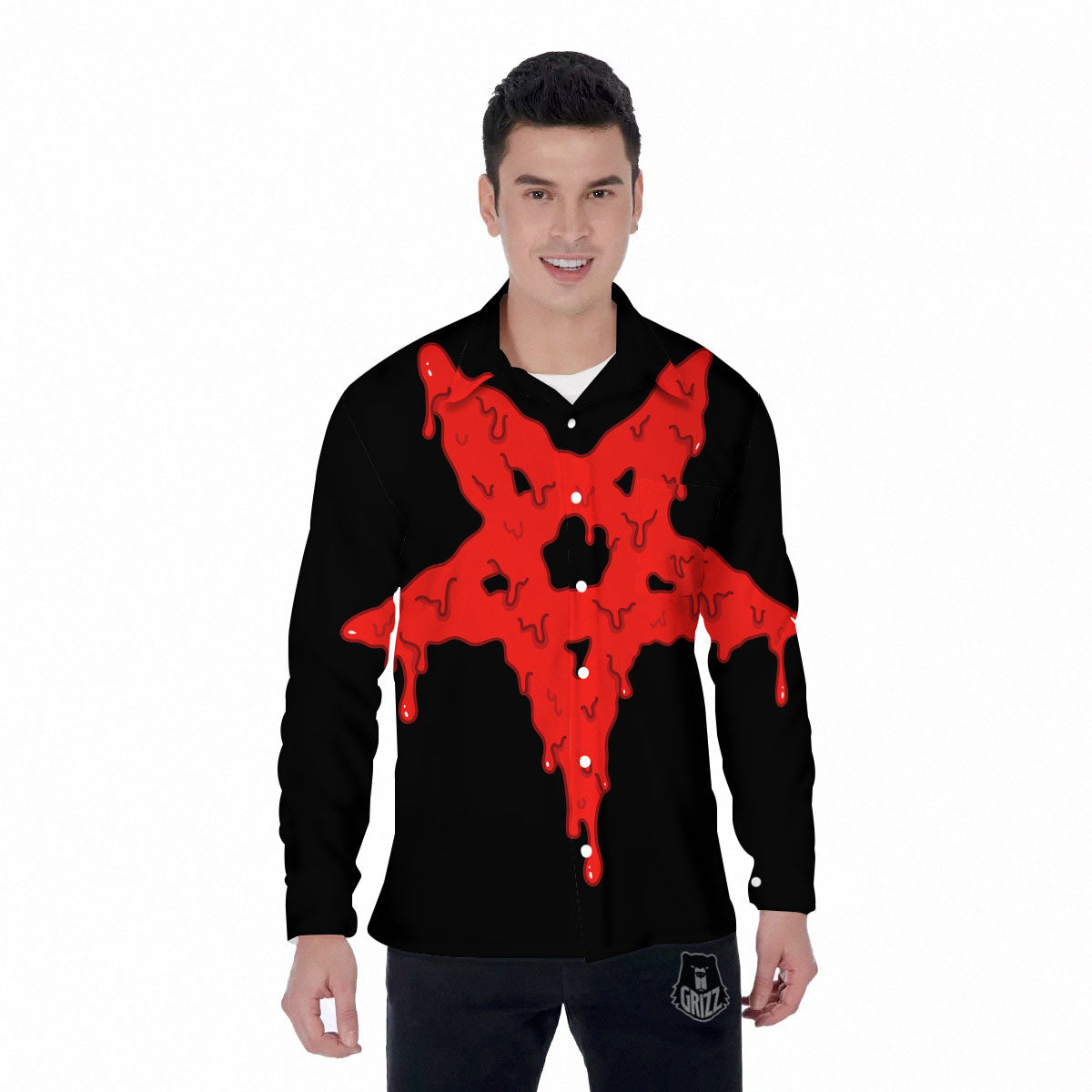 Symbol Red Pentagram Print Men's Long Sleeve Shirts-grizzshop