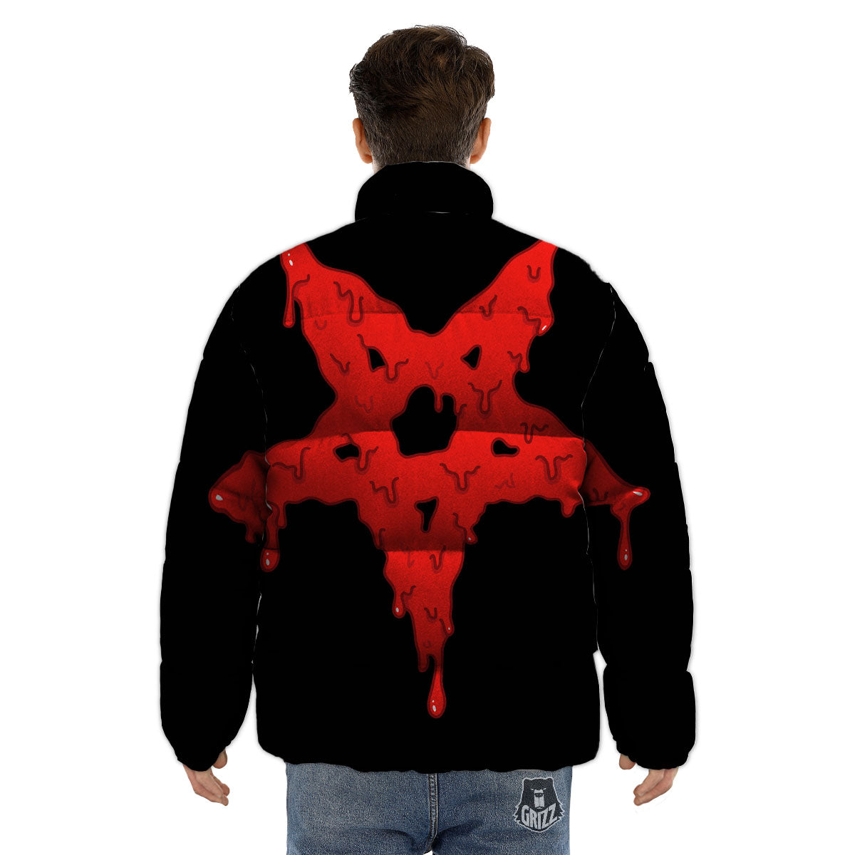Symbol Red Pentagram Print Puffer Jacket-grizzshop