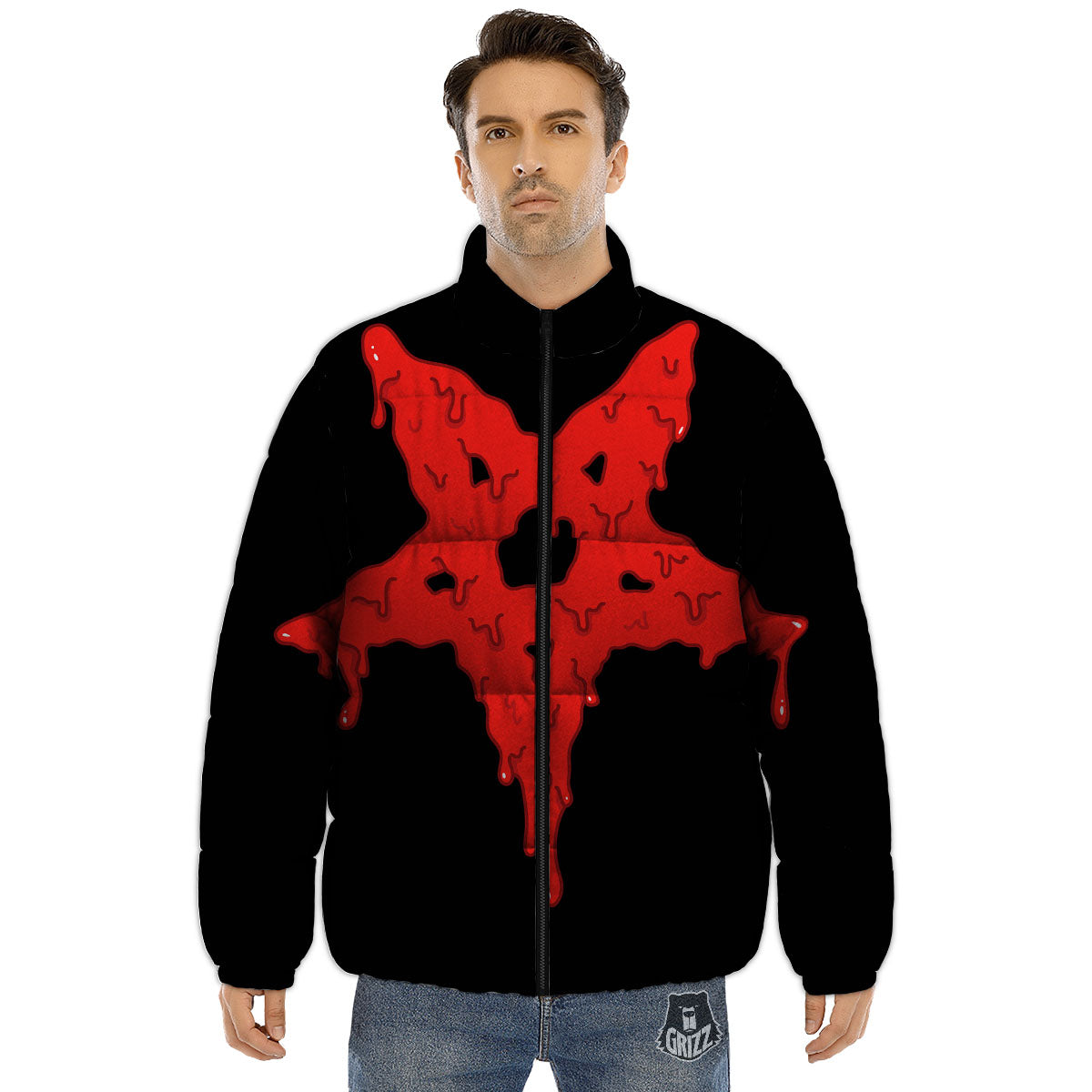 Symbol Red Pentagram Print Puffer Jacket-grizzshop