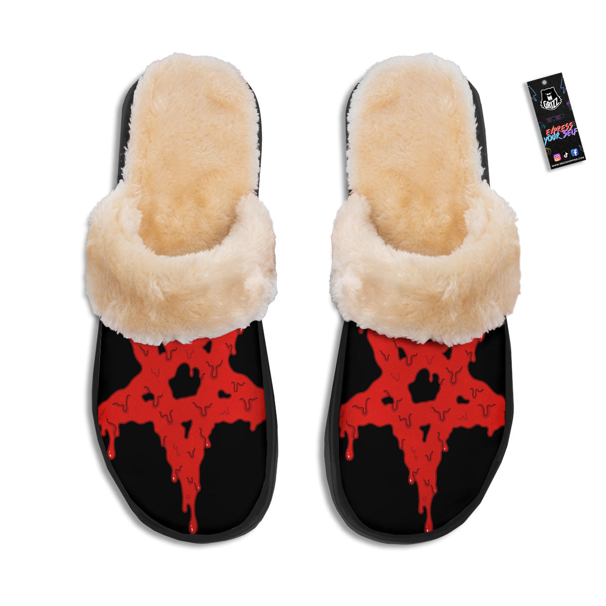 Symbol Red Pentagram Print Slippers-grizzshop