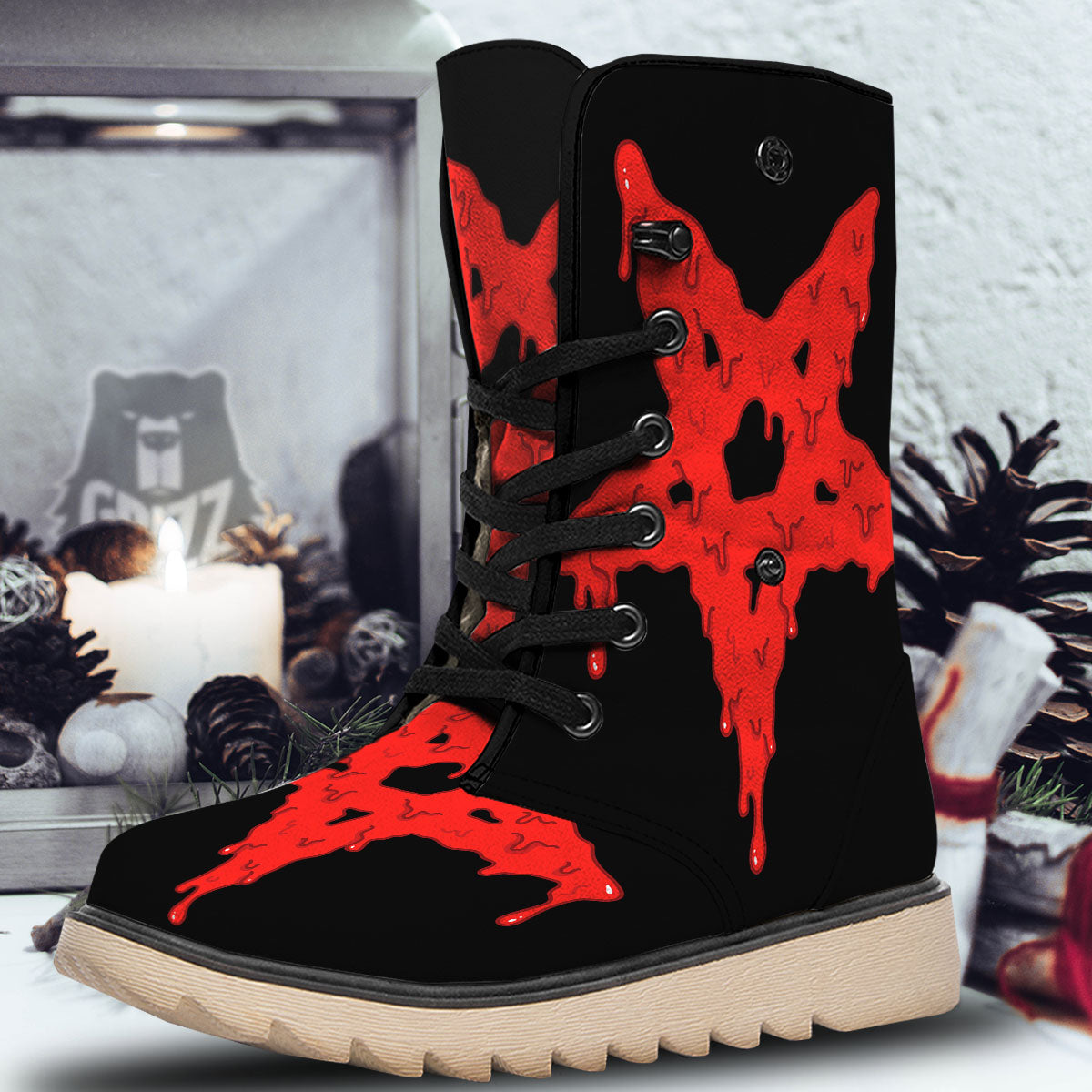 Symbol Red Pentagram Print Snow Boots-grizzshop