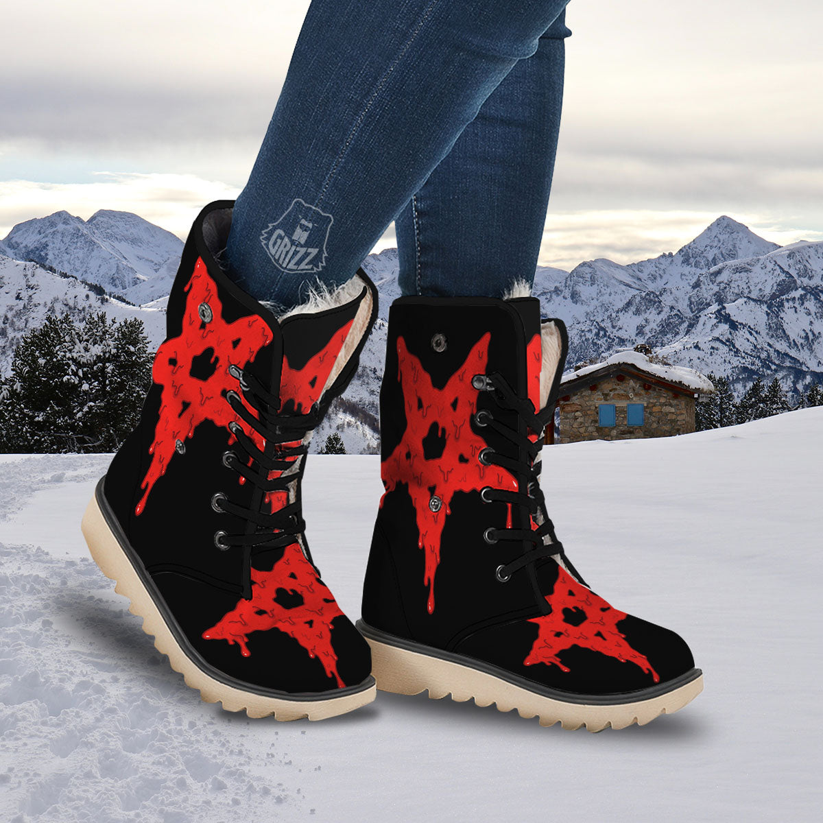 Symbol Red Pentagram Print Snow Boots-grizzshop