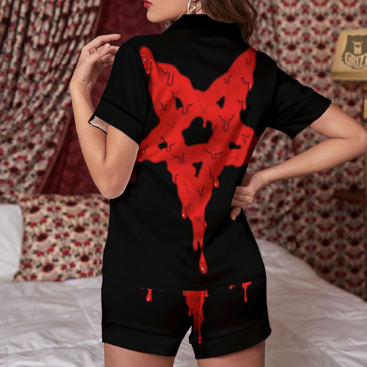 Symbol Red Pentagram Print Women Silk Pajamas-grizzshop