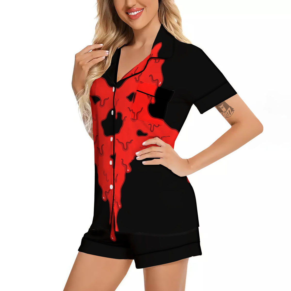 Symbol Red Pentagram Print Women Silk Pajamas-grizzshop