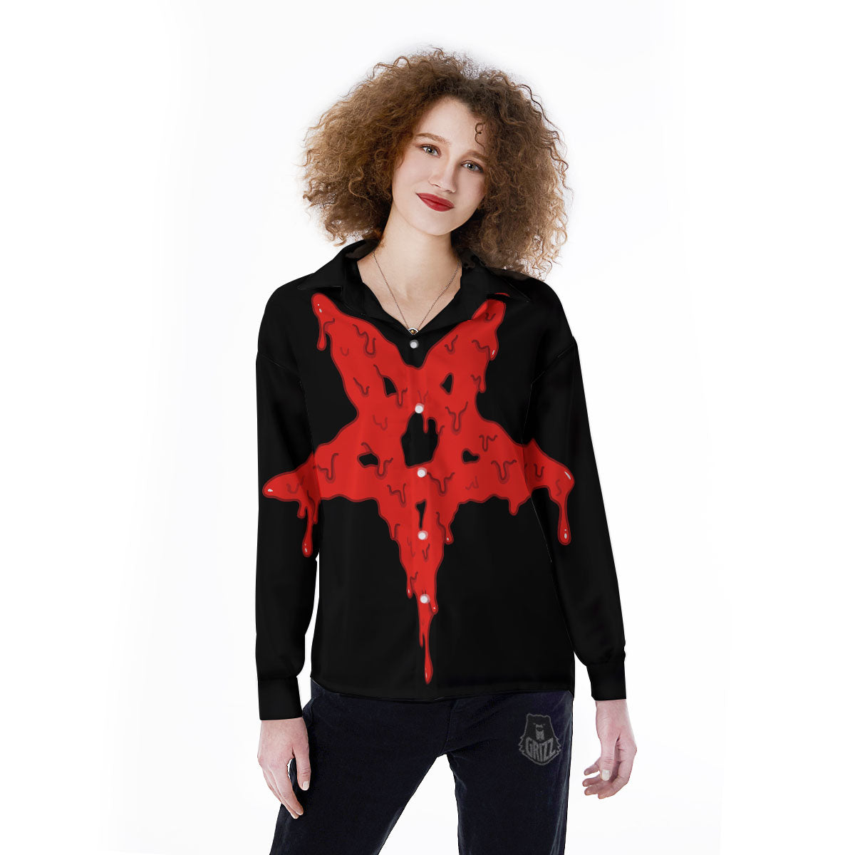 Symbol Red Pentagram Print Women's Long Sleeve Shirts-grizzshop