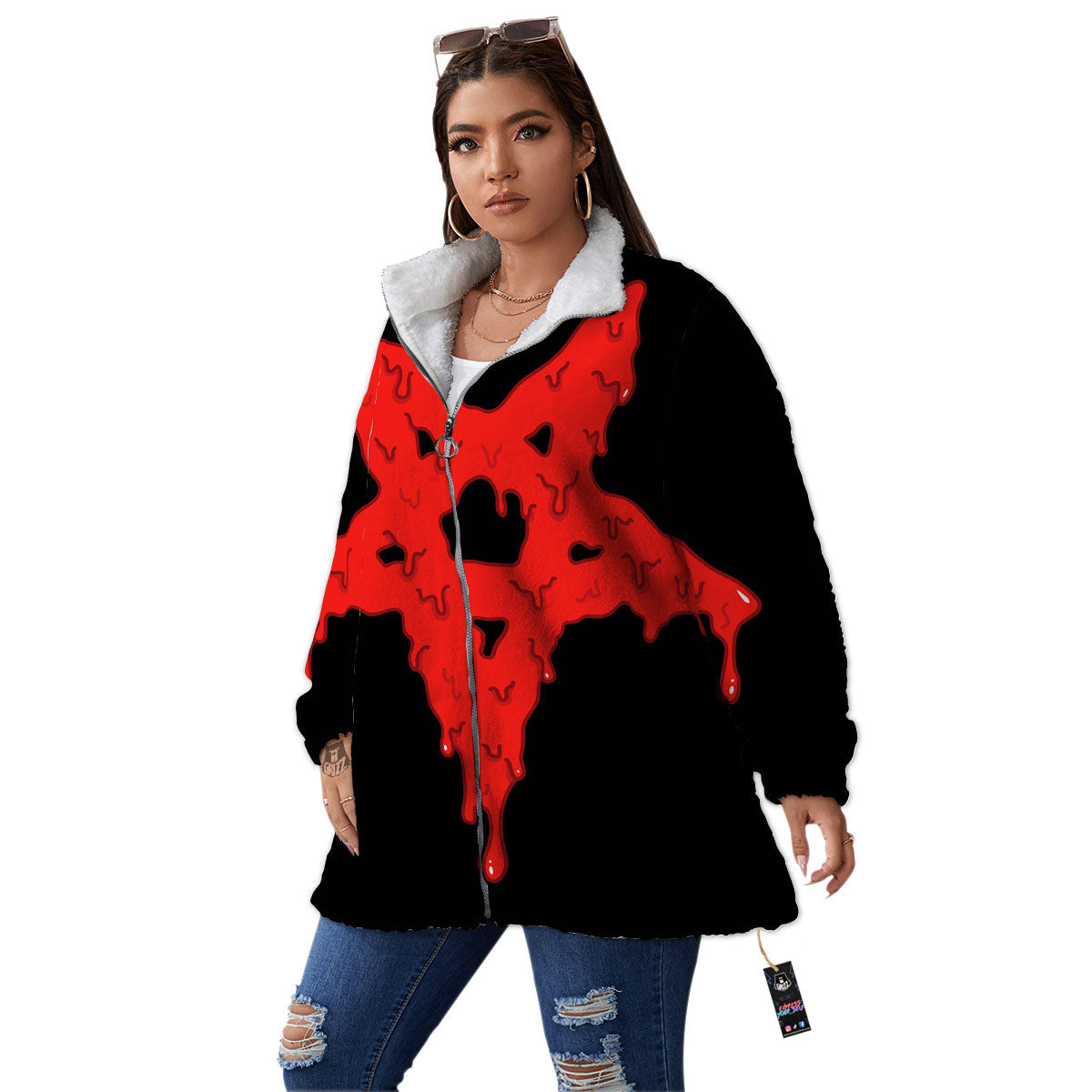 Symbol Red Pentagram Print Women's Sherpa Jacket-grizzshop