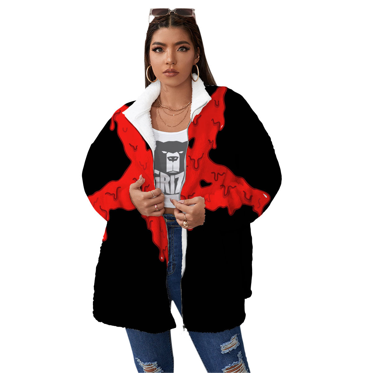 Symbol Red Pentagram Print Women's Sherpa Jacket-grizzshop