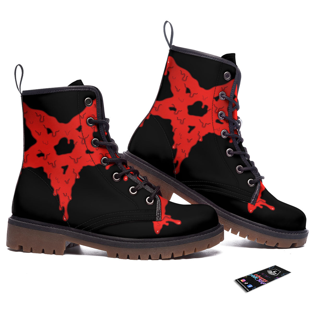 Symbol Red Pentagram Print Work Boots-grizzshop