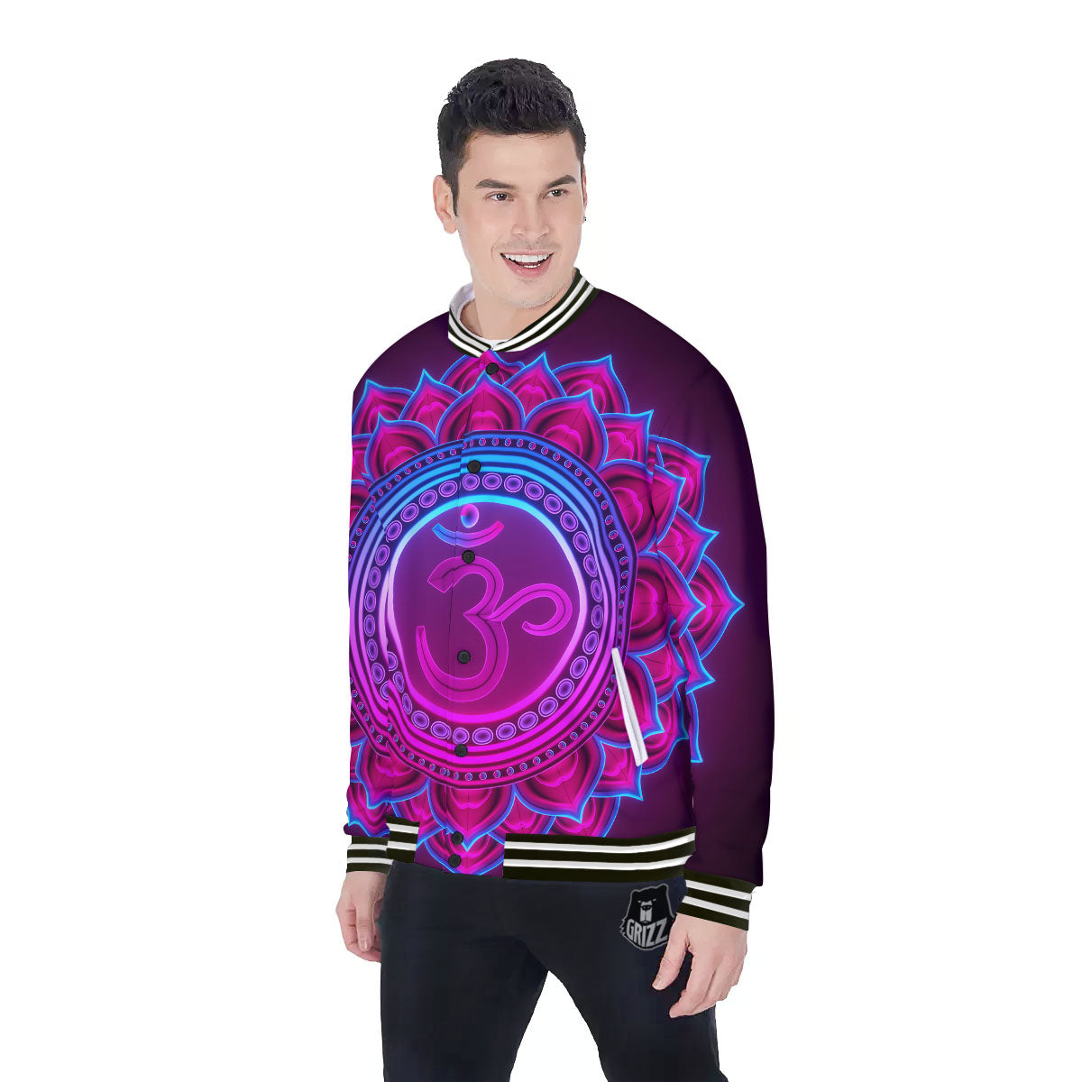 Symbol Sahasrara Chakra Print Baseball Jacket-grizzshop