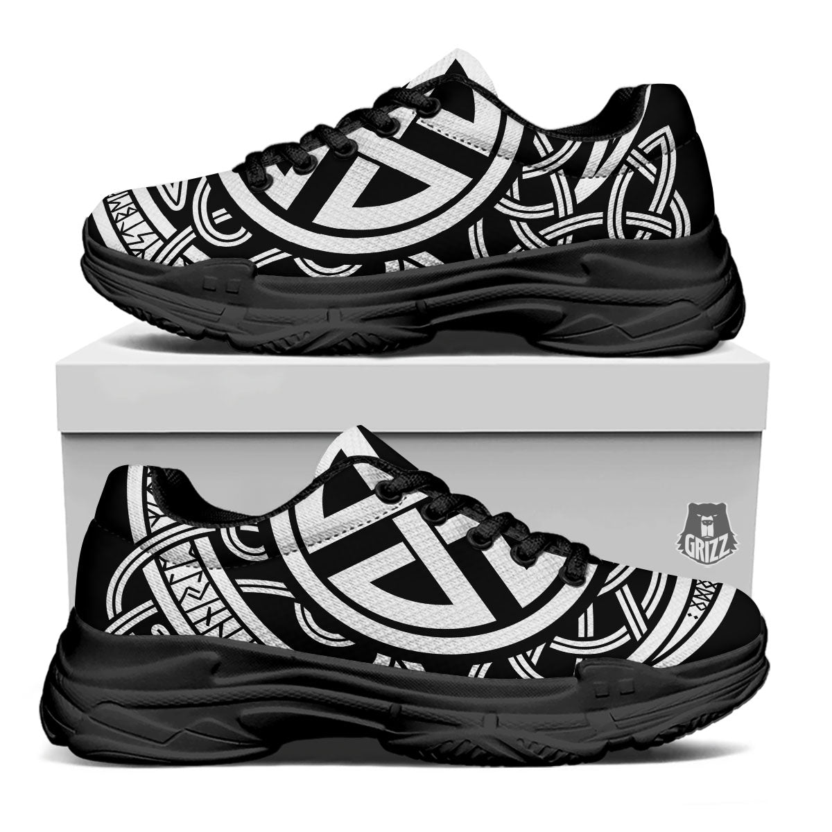 Symbol Viking Norse Runes Print Black Chunky Shoes-grizzshop