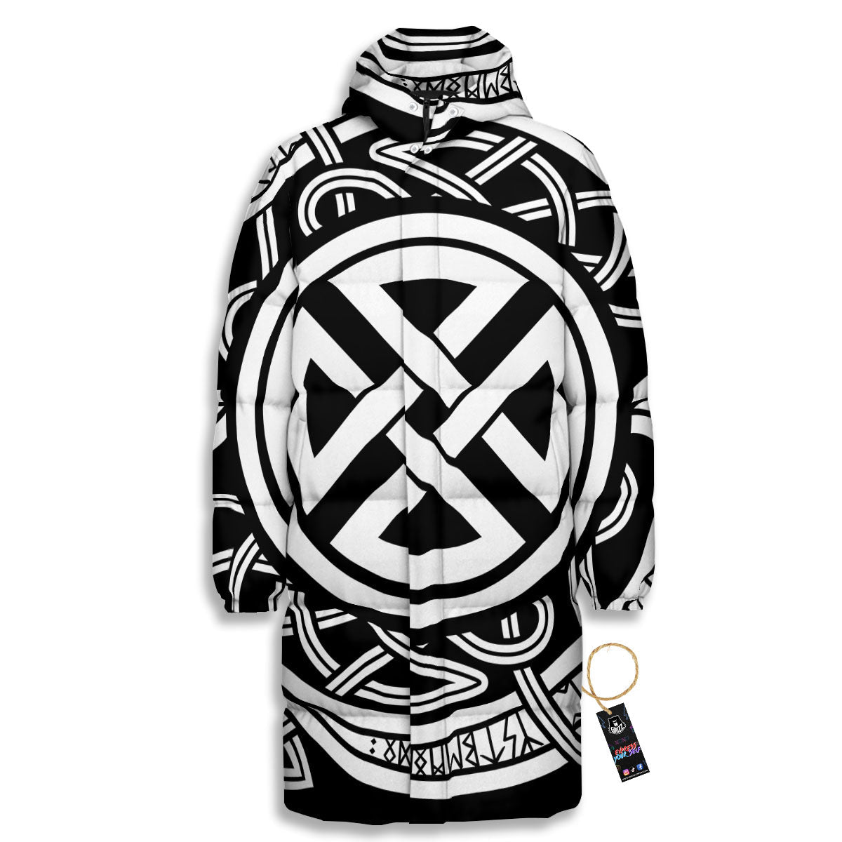 Symbol Viking Norse Runes Print Long Down Jacket-grizzshop