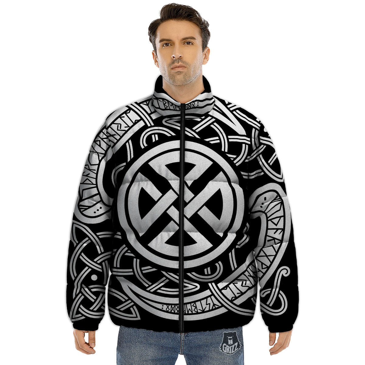 Symbol Viking Norse Runes Print Puffer Jacket-grizzshop